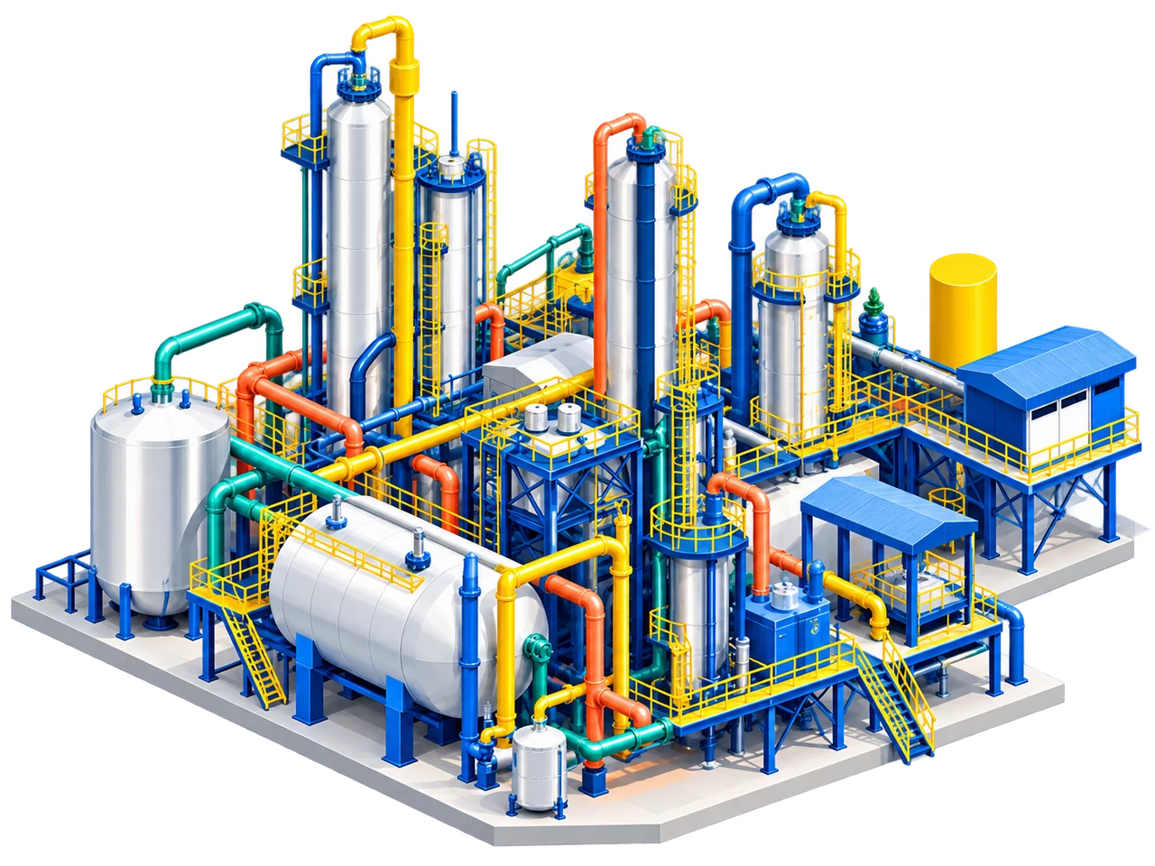 Ilustração conceitual de uma indústria química com tanques, torres e tubulações coloridas.