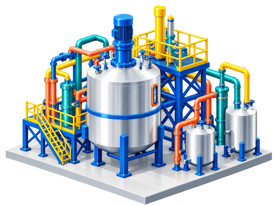 Ilustração conceitual de um reator químico e equipamentos industriais interligados.